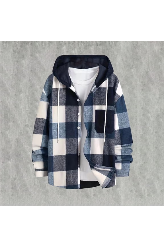 Plaid Fleece Jacket for Men Hooded Button Down Long Sleeves Shacket with Drawstring Hood and Chest Pocket Casual Soft Comfy Shirt Jacket for MEn Fall Winter Daily Layering Wear