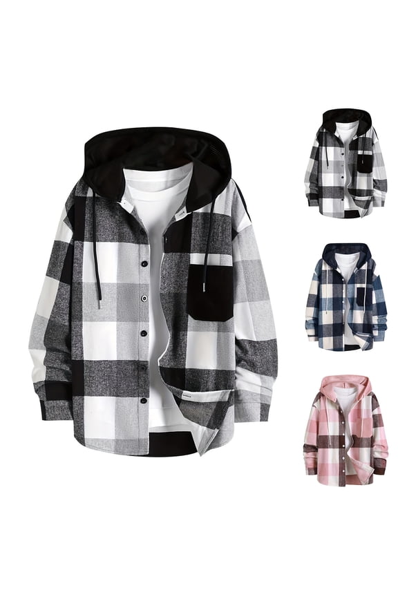 Plaid Fleece Jacket for Men Hooded Button Down Long Sleeves Shacket with Drawstring Hood and Chest Pocket Casual Soft Comfy Shirt Jacket for MEn Fall Winter Daily Layering Wear