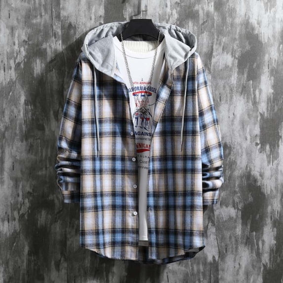 Snorda Plaid Jacket for Men Button Down Long Sleeve Shirt with Drawstring Hood Casual Soft Loose Comfy Versatile Jackets for Fall Winter Daily Layering Wear Outdoors Looks
