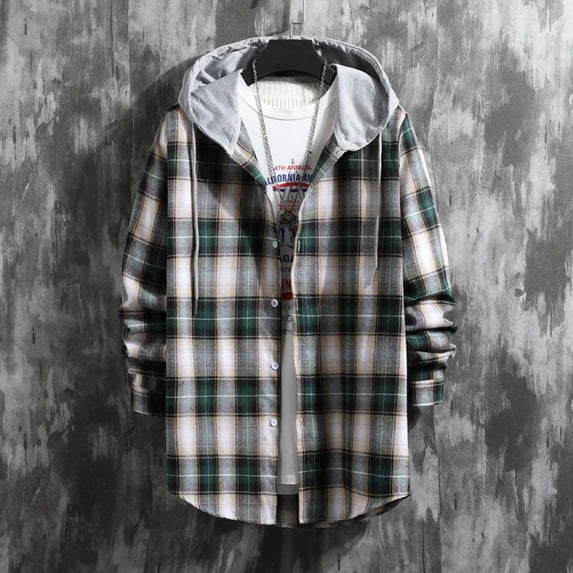 Snorda Plaid Jacket for Men Button Down Long Sleeve Shirt with Drawstring Hood Casual Soft Loose Comfy Versatile Jackets for Fall Winter Daily Layering Wear Outdoors Looks
