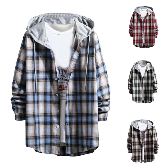 Snorda Plaid Jacket for Men Button Down Long Sleeve Shirt with Drawstring Hood Casual Soft Loose Comfy Versatile Jackets for Fall Winter Daily Layering Wear Outdoors Looks