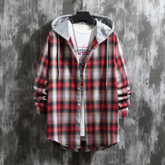 Snorda Plaid Jacket for Men Button Down Long Sleeve Shirt with Drawstring Hood Casual Soft Loose Comfy Versatile Jackets for Fall Winter Daily Layering Wear Outdoors Looks