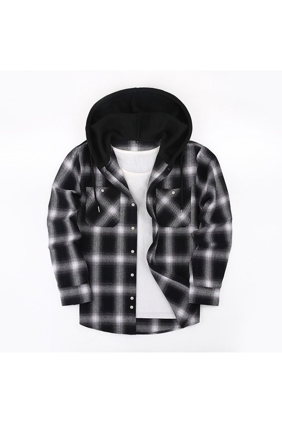 Plaid Jacket for Men Hooded Button Down Long Sleeves Shacket with Drawstring Hood and Chest Pockets Casual Soft Comfy Shirt Jacket for MEn Fall Winter Daily Layering Wear