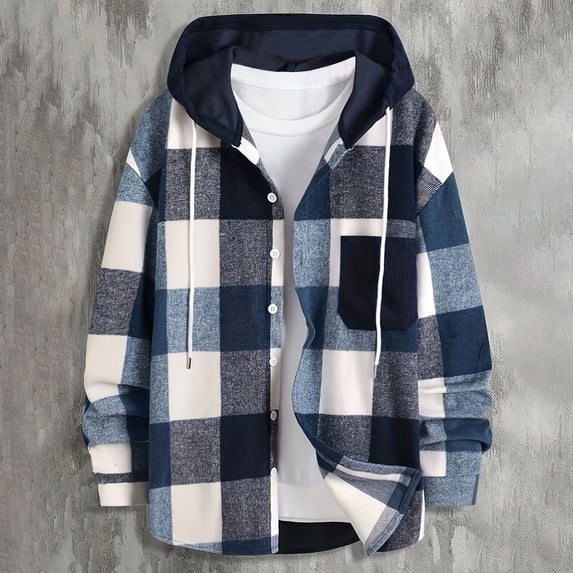 Snorda Plaid Jacket for Men Hooded Long Sleeves Shacket with Drawstring Hood and Chest Pocket Button Down Casual Loose Soft Comfy Shirt Jacket for MEn Fall Winter Daily Layering Wear