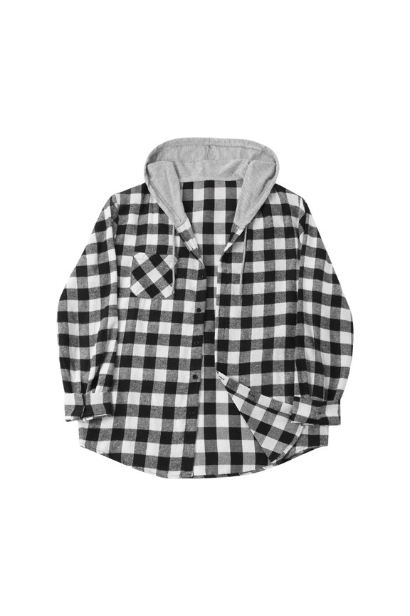 Plaid Jacket for Men Hooded Long Sleeves Shacket with Drawstring Hood and Chest Pocket Button Down Casual Loose Soft Comfy Shirt Jacket for MEn Fall Winter Daily Layering Wear