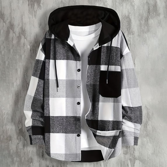 Snorda Plaid Jacket for Men Hooded Long Sleeves Shacket with Drawstring Hood and Chest Pocket Button Down Casual Loose Soft Comfy Shirt Jacket for MEn Fall Winter Daily Layering Wear