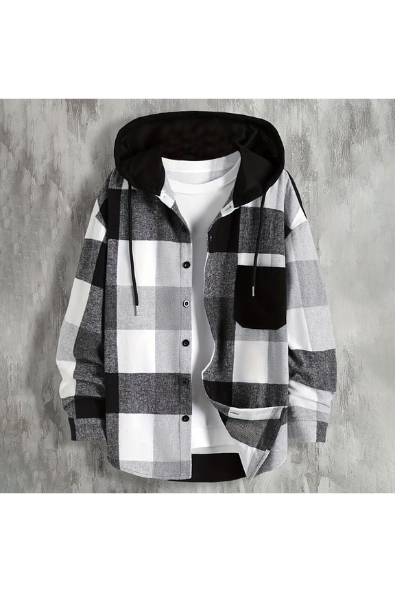 Plaid Jacket for Men Hooded Long Sleeves Shacket with Drawstring Hood and Chest Pocket Button Down Casual Loose Soft Comfy Shirt Jacket for MEn Fall Winter Daily Layering Wear