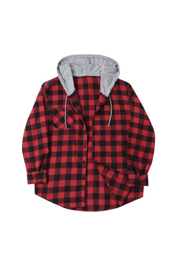 Plaid Jacket for Men Hooded Long Sleeves Shacket with Drawstring Hood and Chest Pocket Button Down Casual Loose Soft Comfy Shirt Jacket for MEn Fall Winter Daily Layering Wear