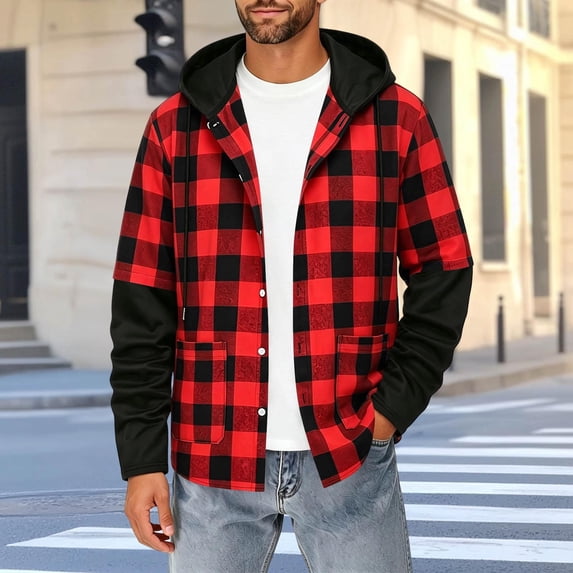 Snorda Plaid Long Sleeve Shirts for Men Fahshion Hooded Button Up Shirt Jacket with Pockets Casual Soft Loose Comfy Lightweight Shirts for Fall Winter Daily Layering Wear