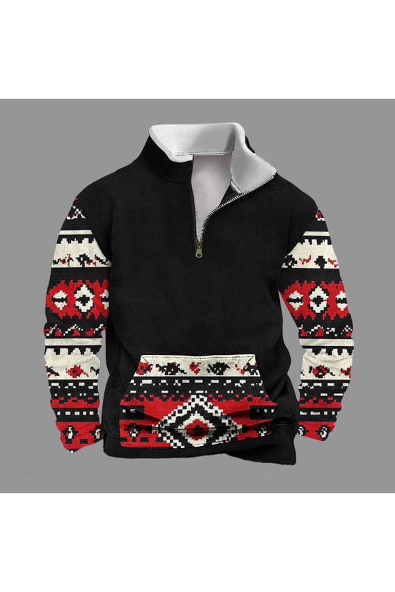 Quarter Zip Pullover Men Printed Long Sleeve Shirts for Men Fleece Stand Collar Hoodless Sweatshirt Casual Soft Comfortable Loose Pullover for Fall Winter Daily Wear