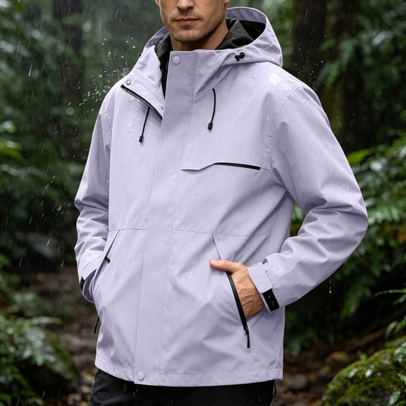 Snorda Rain Jacket for Men Zip Up Long Sleeve Windproof Outdoor Coat With Multiple Zipper Pockets Drawstring Hooded Waterproof Solid Color Jacket for Outdoors Wear
