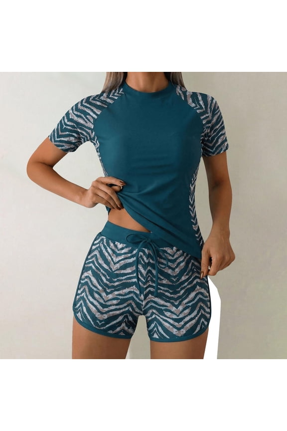 Short Wetsuit Women Printed Short-Sleeve Surf Shirt with Zipper Conservative Swimsuit for Diving Snorkeling Kayaking Swimming