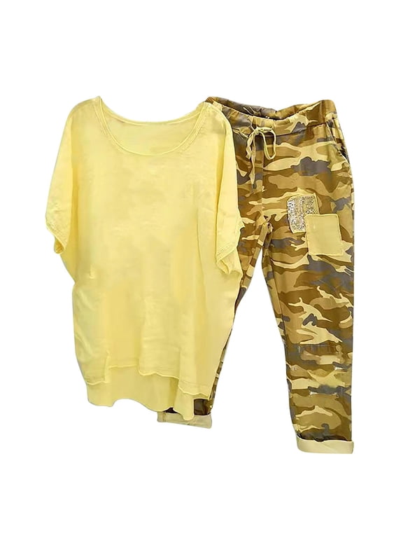 Shorts Set for Women Short Sleeve Tops and Camouflage Printed Patched Pants Summer Ladies Casual Loose Matching Set with Pockets