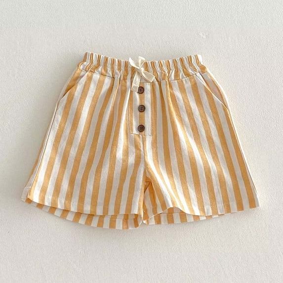 Snorda Stripe Shorts for Girls Drawstring Elastic Waist Button Detailing Striped Printed Shorts Girlrs Summer Casual Comfy Cottons Linen Shorts with Pockets