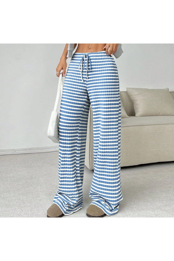 Striped Pants for Women Ribbed Elastic Drawstring Waist Ladies Fashion Casual Loose Comfy Long Pants for Everyday Outdoors Looks