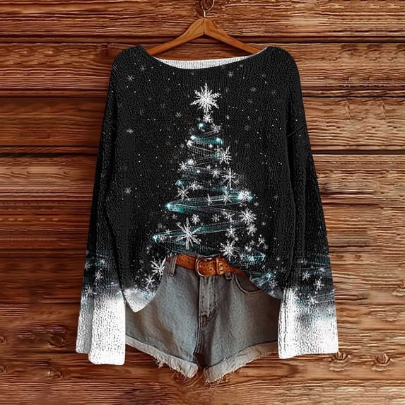 Snorda Sweaters for Women Christmas Print Knit Sweater Long Sleeve Loose Textured Pullover Casual Loose Comfy Soft Sweaters For Holiday Daily Warm Wear
