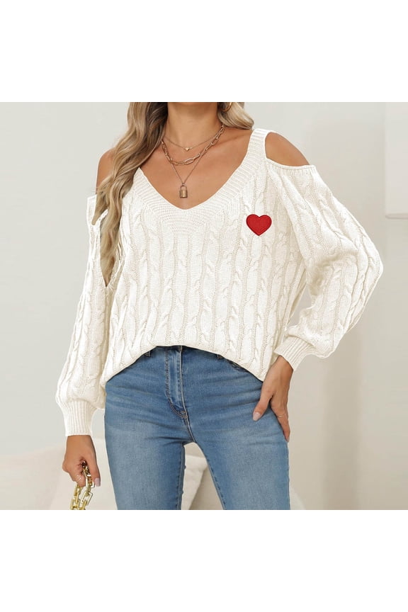 Sweaters for Women Cold Shoulder Deep V Cable Knit Sweater Print Long Sleeve Solid Textured Pullover Casual Loose Sweaters for Fall Daily Outdoors Looks