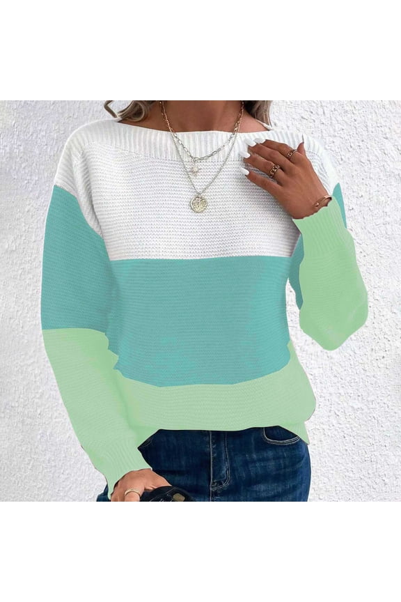 Sweaters for Women Crew Neck Color-Blocked Knit Sweater Long Ribbed Cuff Sleeve Sweaters with Patchwork Color Loose Soft Pullover Casual Comfy Top for Fall Daily Layering Wear