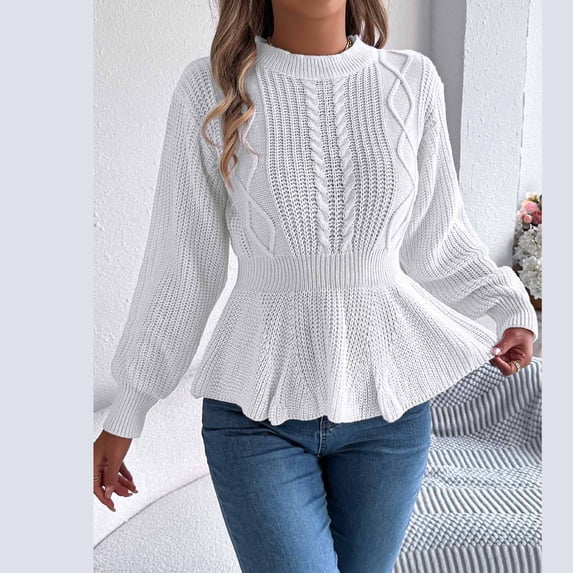 Snorda Sweaters for Women Crew Neck Hollow Cable Knit Peplum Sweater Long Sleeve Solid Waist Cinched Flared Hem Casual Comfy Fashion Sweater for Fall Winter Layering Wear