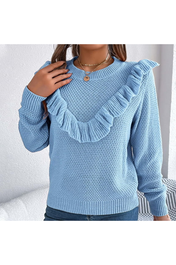 Sweaters for Women Crew Neck Ruffle V Panel Knit Sweater Long Sleeve Solid Loose Soft Pullover Textured Casual Breathable Comfy Sweater Top for Fall Winter Daily Layering Wear