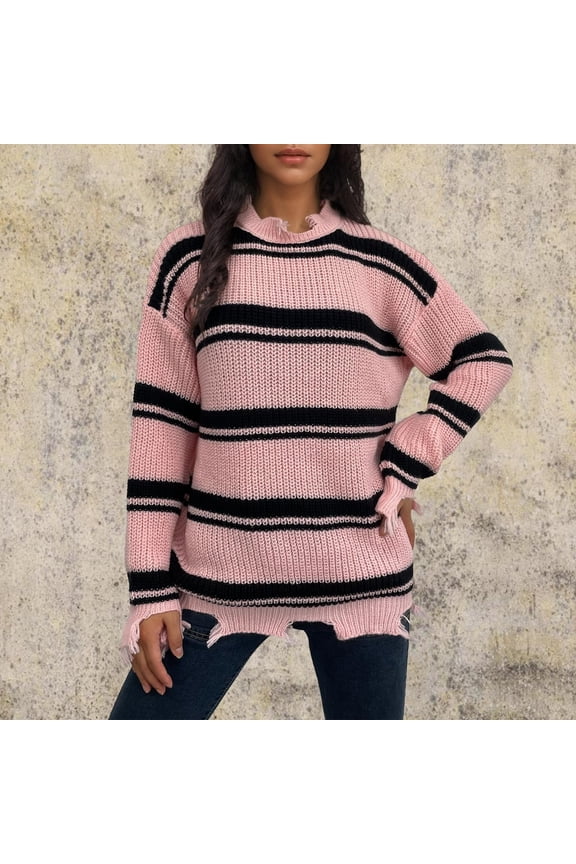 Sweaters for Women Crew Neck Striped Distressed Fringe Cable Knit Sweater Long Sleeve Casual Loose Comfy Sweaters for Fall Daily Outdoors Looks