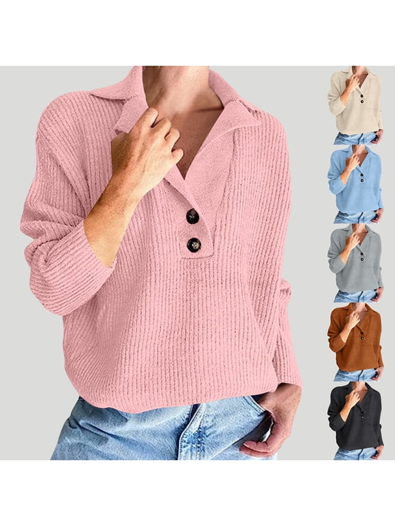 Sweaters for Women Lapel Collar Henleys Rib Knit Long Sleeve Sweater Solid Loose Textured Pullover Soft Stretchy Comfy Sweaters for Fall Daily Outdoors Wear