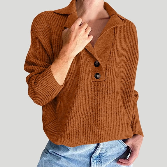 Snorda Sweaters for Women Lapel Collar Henleys Rib Knit Long Sleeve Sweater Solid Loose Textured Pullover Soft Stretchy Comfy Sweaters for Fall Daily Outdoors Wear