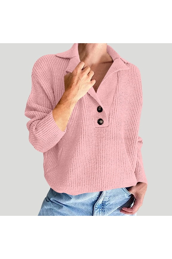 Sweaters for Women Lapel Collar Henleys Rib Knit Long Sleeve Sweater Solid Loose Textured Pullover Soft Stretchy Comfy Sweaters for Fall Daily Outdoors Wear