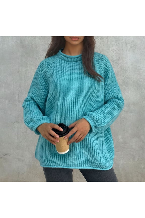 Sweaters for Women Roll Crew Neck Ribbed Knit Sweater Drop-Shoulder Long Sleeve Solid Loose Pullover Casual Soft Textured Vintage Sweater for Fall Winter Daily Warm Wear