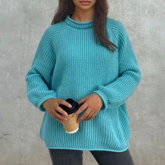 Snorda Sweaters for Women Roll Crew Neck Ribbed Knit Sweater Drop-Shoulder Long Sleeve Solid Loose Pullover Casual Soft Textured Vintage Sweater for Fall Winter Daily Warm Wear
