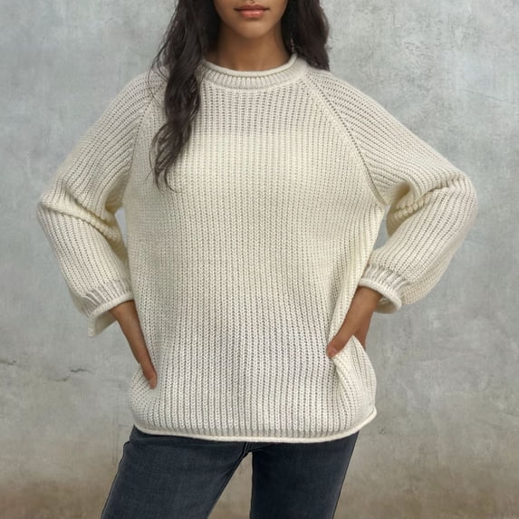 Snorda Sweaters for Women Roll Crew Neck Ribbed Knit Sweater Drop-Shoulder Long Sleeve Solid Loose Pullover Casual Soft Textured Vintage Sweater for Fall Winter Daily Warm Wear