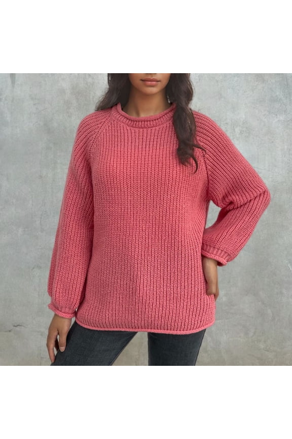 Sweaters for Women Roll Crew Neck Ribbed Knit Sweater Drop-Shoulder Long Sleeve Solid Loose Pullover Casual Soft Textured Vintage Sweater for Fall Winter Daily Warm Wear