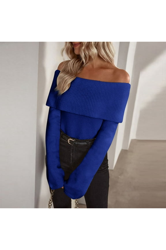 Sweaters for Women Off Shoulder Fold Over Rib Knit Long Sleeve Sweater Solid Slim Fitted Pullover Soft Stretchy Textured Sweaters for Fall Fashion Layering Wear