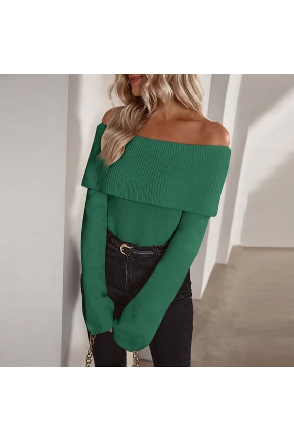 Sweaters for Women Off Shoulder Fold Over Rib Knit Long Sleeve Sweater Solid Slim Fitted Pullover Soft Stretchy Textured Sweaters for Fall Fashion Layering Wear