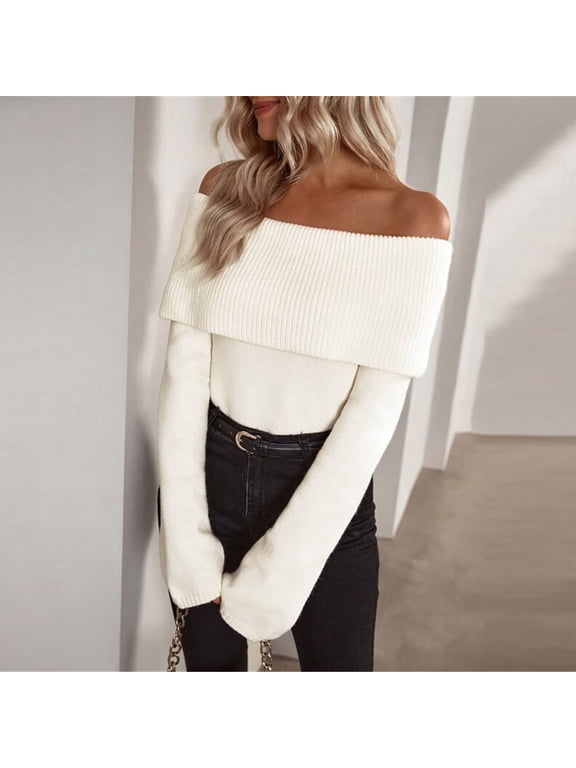 Sweaters for Women Off Shoulder Fold Over Rib Knit Long Sleeve Sweater Solid Slim Fitted Pullover Soft Stretchy Textured Sweaters for Fall Fashion Layering Wear