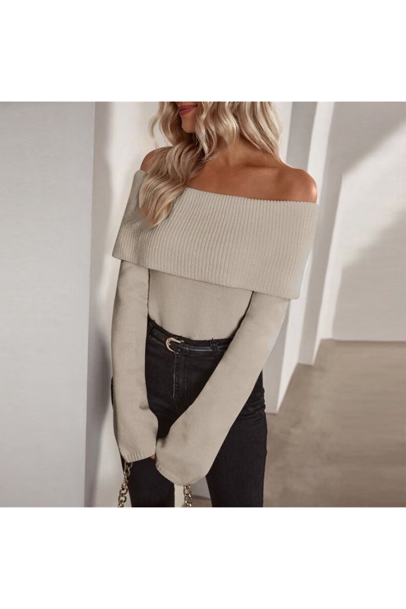 Sweaters for Women Off Shoulder Fold Over Rib Knit Long Sleeve Sweater Solid Slim Fitted Pullover Soft Stretchy Textured Sweaters for Fall Fashion Layering Wear