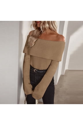 Sweaters for Women Off Shoulder Fold Over Rib Knit Long Sleeve Sweater Solid Slim Fitted Pullover Soft Stretchy Textured Sweaters for Fall Fashion Layering Wear
