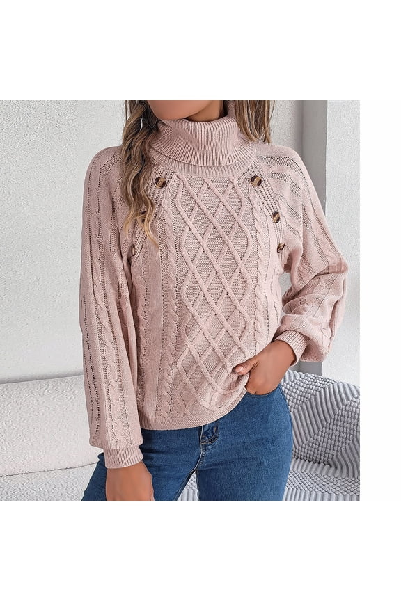 Sweaters for Women Turtleneck Side Button Diamond Cable Knit Sweater Long Sleeve Solid Textured Pullover Soft Casual Loose Comfy Sweaters for Fall Winter Daily Warm Wear