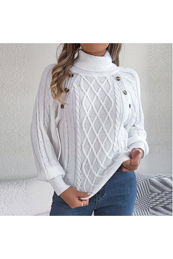 Sweaters for Women Turtleneck Side Button Diamond Cable Knit Sweater Long Sleeve Solid Textured Pullover Soft Casual Loose Comfy Sweaters for Fall Winter Daily Warm Wear