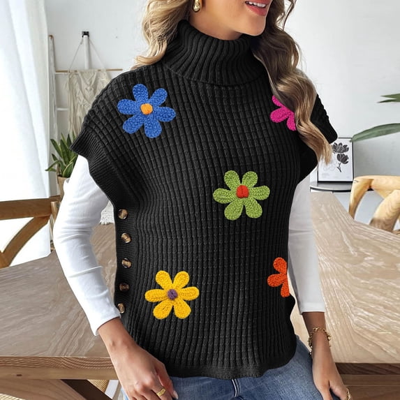 Snorda Sweaters for Women Turtleneck Sleeveless Knit Sweater Colorful 3-Dimensional Pullover Sweaters with Side Button Detail Loose Fits Top for Fall Winter Layering Wear