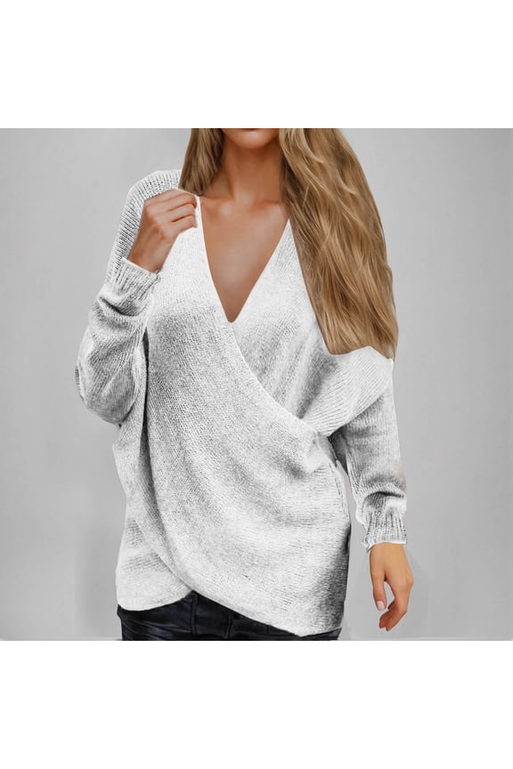 Sweaters for Women V Neck Wrap Rib Knit Sweater Long Sleeve Solid Asymmetric Hem Pullover Sweaters Casual Soft Stretchy Comfy Sweater for Fall Daily Layering Wear Outing Looks