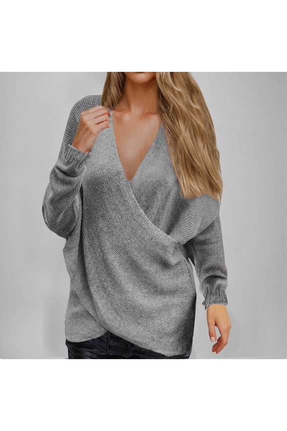 Sweaters for Women V Neck Wrap Rib Knit Sweater Long Sleeve Solid Asymmetric Hem Pullover Sweaters Casual Soft Stretchy Comfy Sweater for Fall Daily Layering Wear Outing Looks