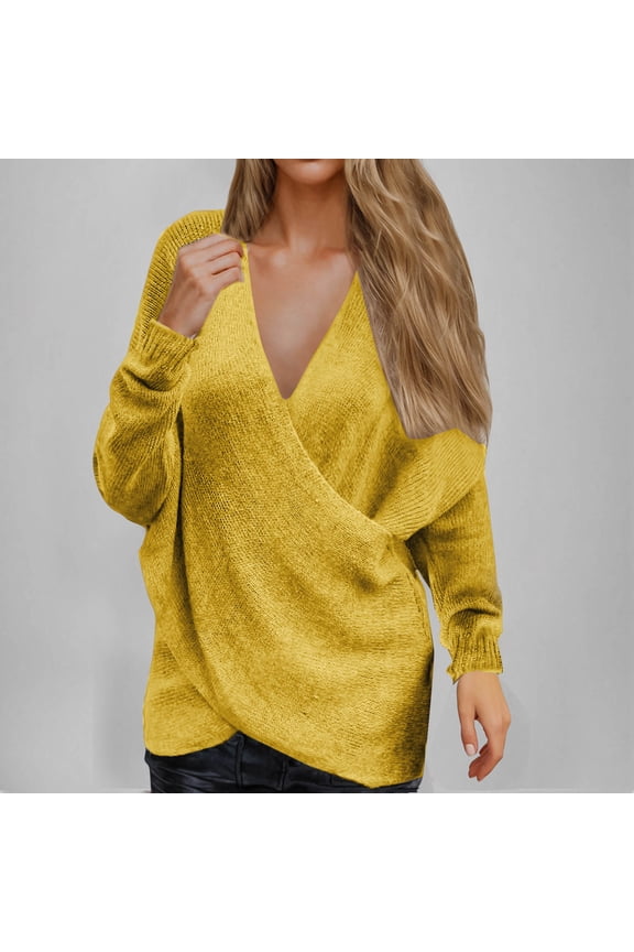 Sweaters for Women V Neck Wrap Rib Knit Sweater Long Sleeve Solid Asymmetric Hem Pullover Sweaters Casual Soft Stretchy Comfy Sweater for Fall Daily Layering Wear Outing Looks