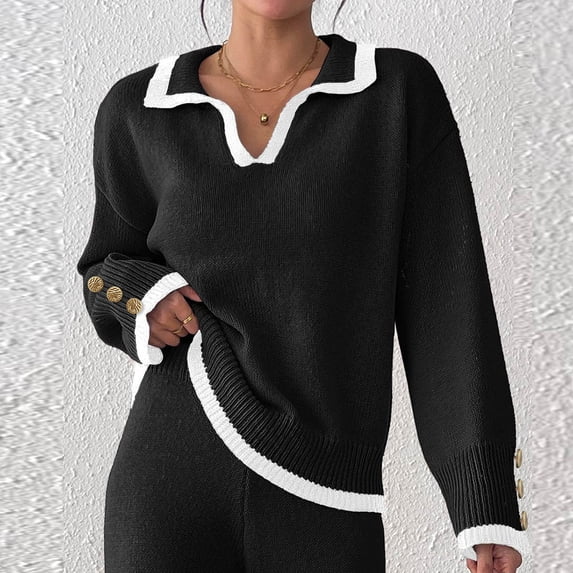 Snorda Sweaters for Women Fall Winter Contrast Collar Knit Sweater Long Sleeve with Buttons Sweater Casual Pullover Sweaters for Women Daily Wear