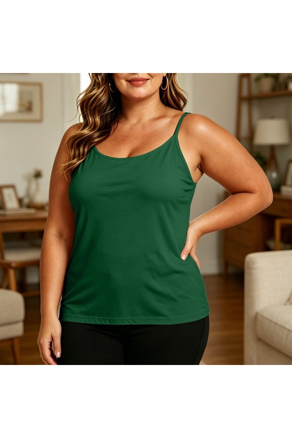 Tank Tops for Women Ribbed Plus Size Spaghetti Strap Crew Neck Basic Plus Size Camisoles Lightweight Soft Stretch Fabric Tank Tops with Built in Bra for Women Everyday Casual Wear