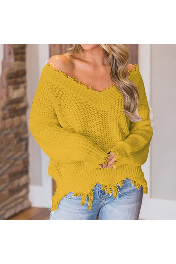 Women Sweater V Neck Off Shoulder Distressed Fringe Cable Knit Sweater Long Sleeve Loose Solid Textured Pullover Casual Loose Comfy Sweaters for Fall Daily Outing Wear
