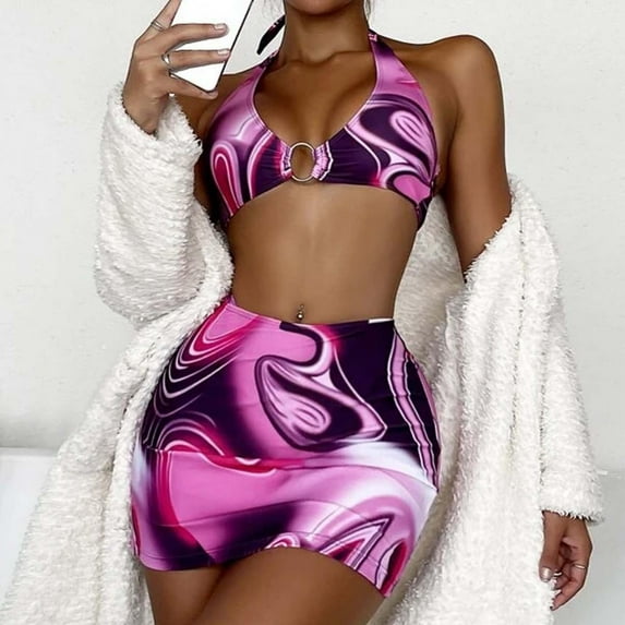 Snorda Women's 3 Piece Tie Dye Bikini Set Swimsuit Sexy Short Skirt With Chest Pad Without Underwire