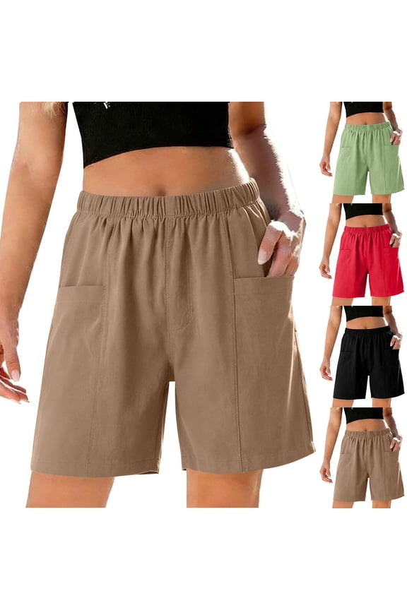 Women's Bermuda Shorts Summer Loose Casual Straight Shorts Ladies Elastic Waist Lightweight and Breathable Shorts Pants with Pockets