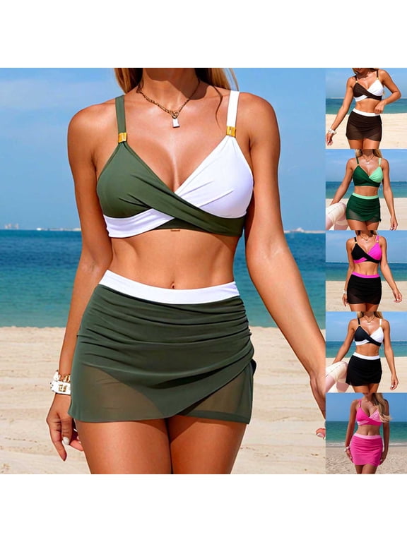 Women's Bikini Split Swimsuit Set With Built-in Bra and Adjustable Shoulder Strap Top And Gauze Skirt for Beach Activities, Pool Party and Swimming