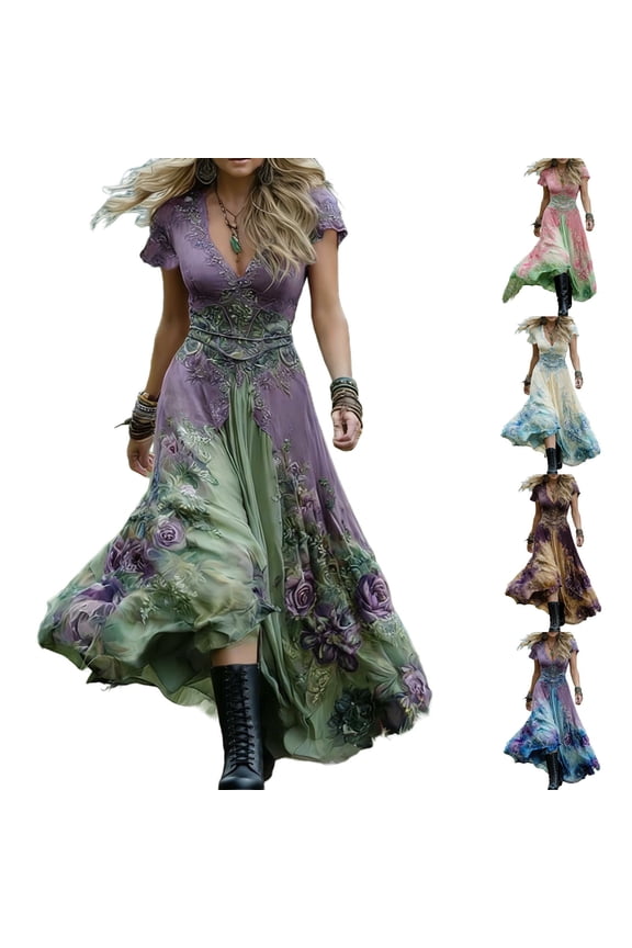 Women's Floral Dress, Vintage Flowy, Loose Fits Breathable for Daily Wear, Ideal for Dating, Outdoor & Summer Casual Everyday Outfits